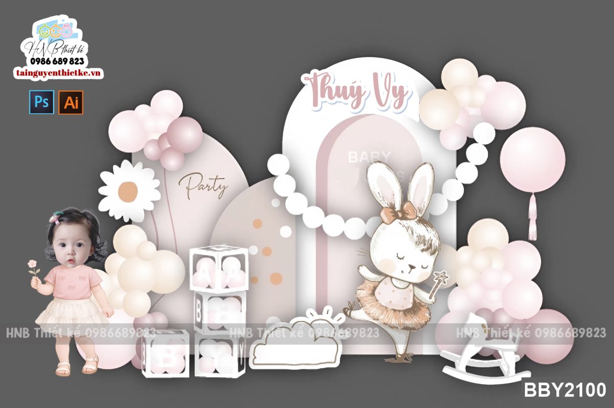 (File thiết kế) Mẫu tiệc sinh nhật bé gái màu be xinh xắn – Trang trí sinh nhật – Trang trí thôi nôi
