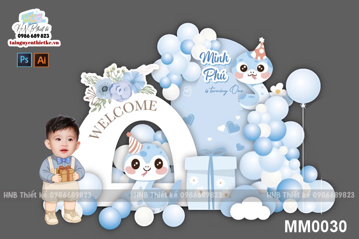 (File thiết kế) Mẫu tiệc sinh nhật bé trai tuổi rắn màu xanh dương xinh xắn – Trang trí sinh nhật – Trang trí thôi nôi (Copy) (Copy) (Copy) (Copy)