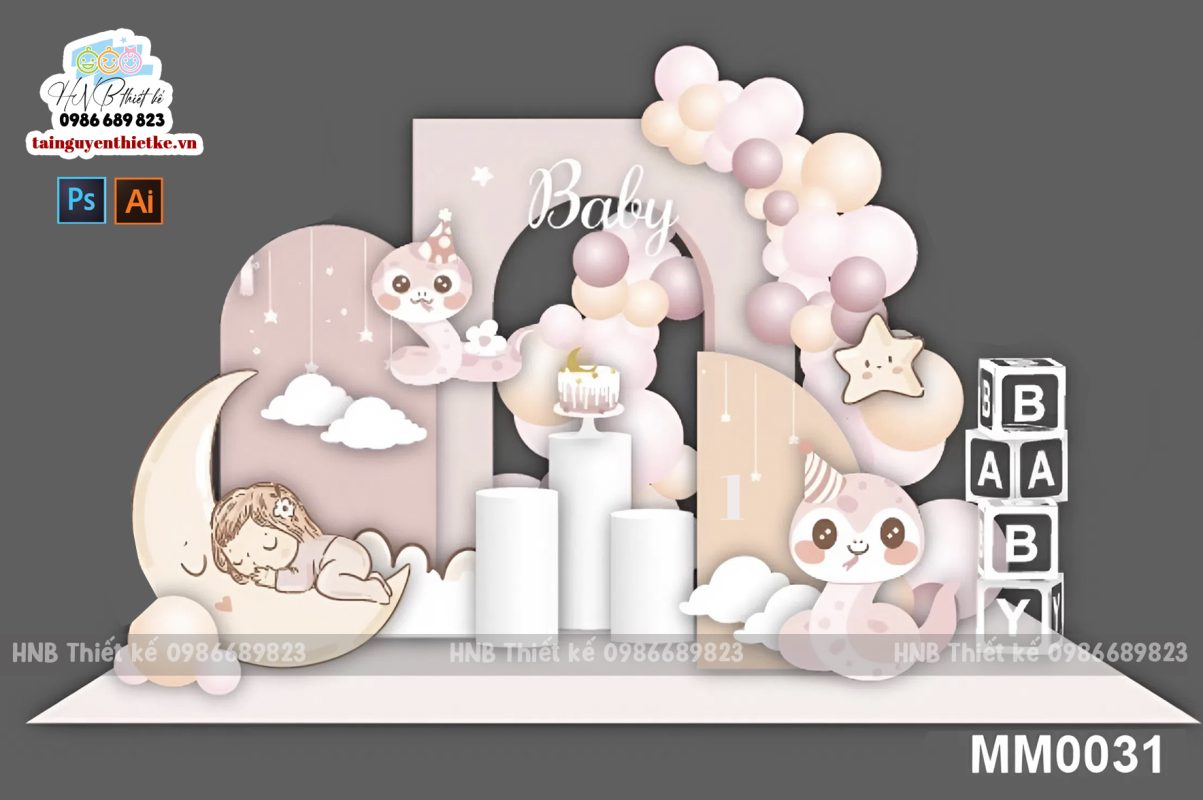 (File thiết kế) Mẫu tiệc sinh nhật bé gái tuổi Rắn màu be xinh xắn – Trang trí sinh nhật – Trang trí thôi nôi