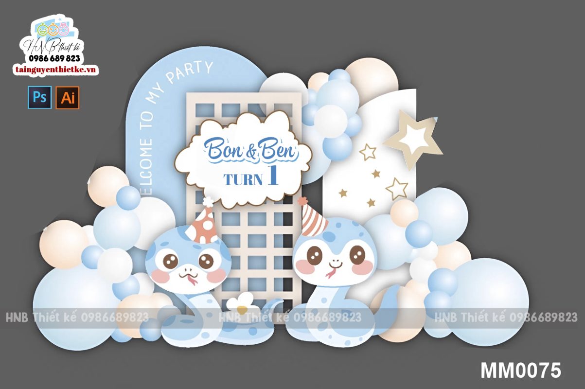 (File thiết kế) Mẫu tiệc sinh nhật sinh đôi bé trai tuổi rắn màu xanh dương xinh xắn – Trang trí sinh nhật – Trang trí thôi nôi