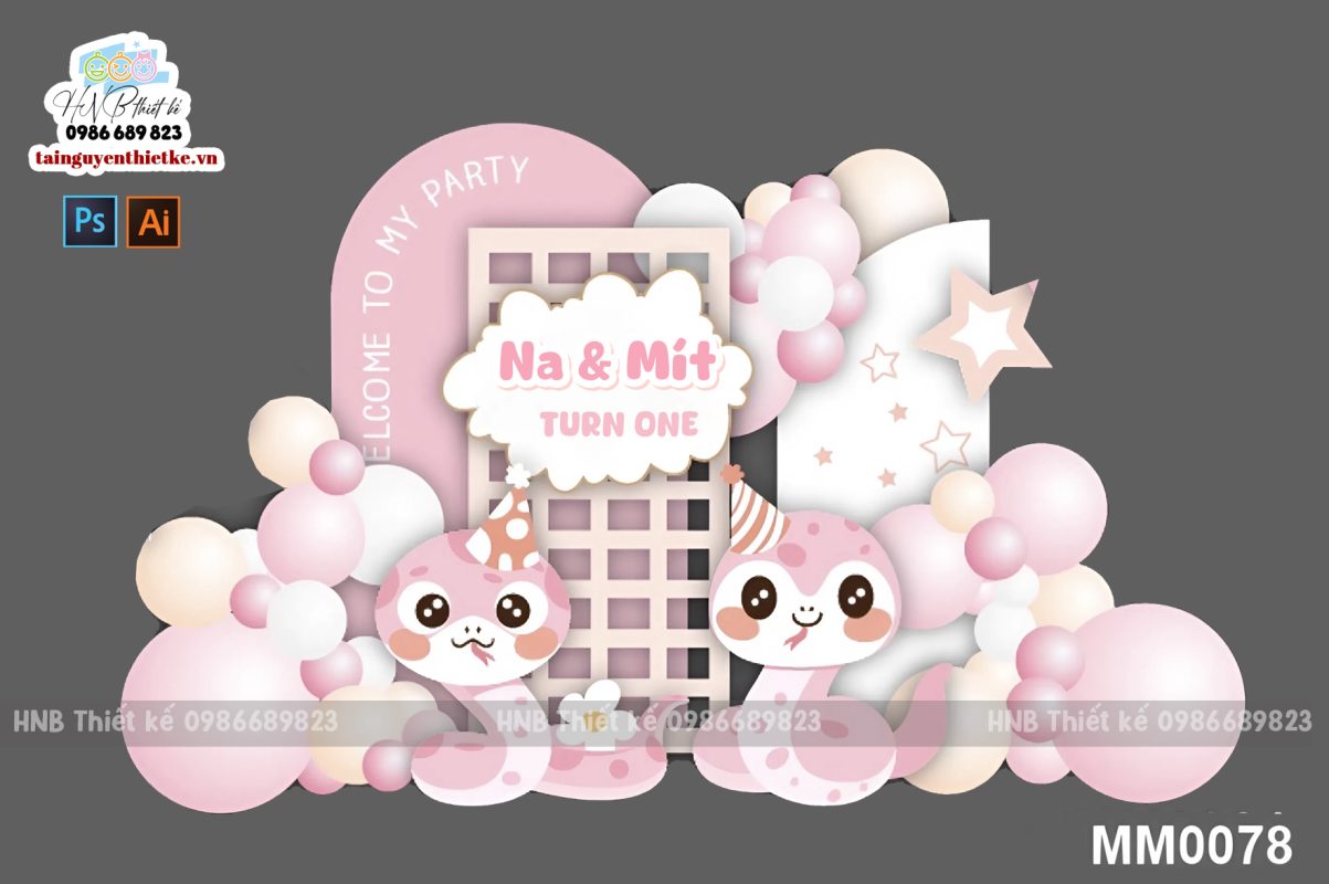 (File thiết kế) Mẫu tiệc sinh nhật bé gái tuổi Rắn màu hồng xinh xắn – Trang trí sinh nhật – Trang trí thôi nôi