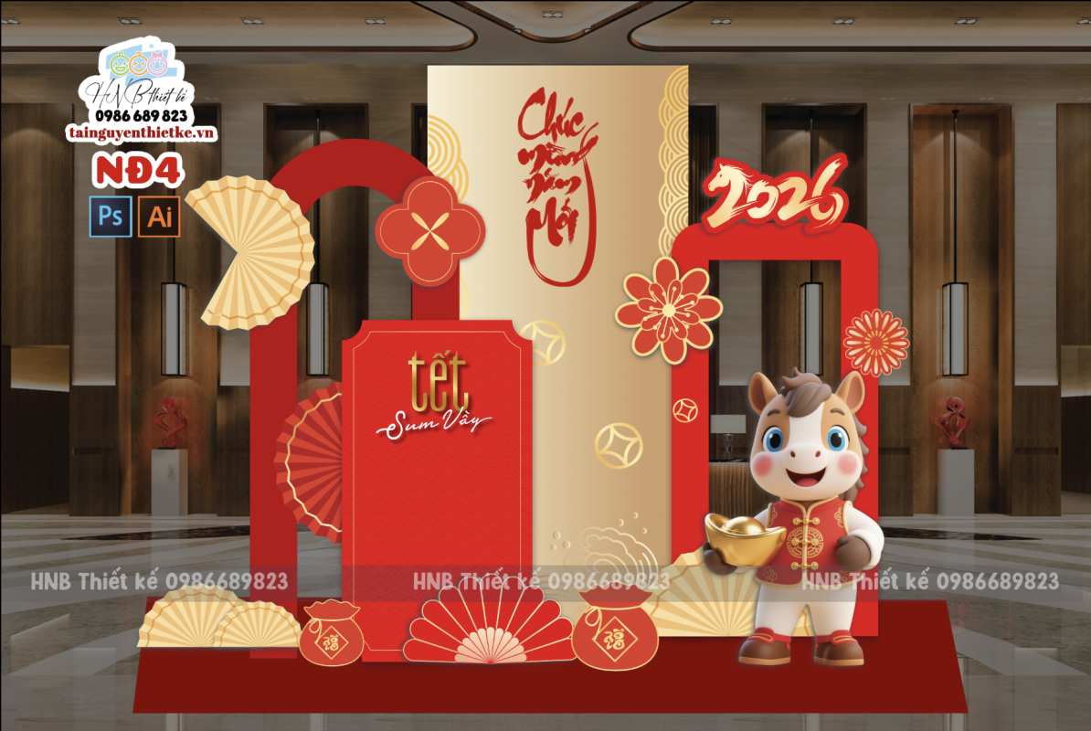 (File thiết kế) – Trang trí tết Nguyên Đán – Backdrop Tết  – Decor cơ quan, trường học, trung tâm mua sắm, sảnh chung cư, nhà hàng, khách sạn, quán cà phê…
