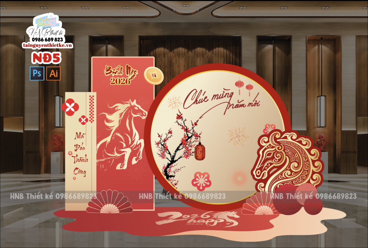 (File thiết kế) – Trang trí tết Nguyên Đán – Backdrop Tết  – Decor cơ quan, trường học, trung tâm mua sắm, sảnh chung cư, nhà hàng, khách sạn, quán cà phê… 