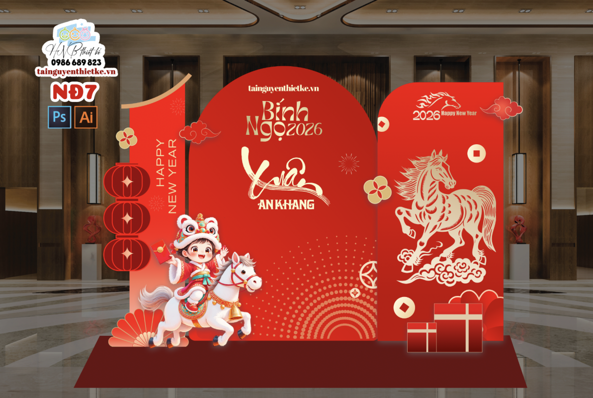 (File thiết kế) – Trang trí tết Nguyên Đán – Backdrop Tết  – Decor cơ quan, trường học, trung tâm mua sắm, sảnh chung cư, nhà hàng, khách sạn, quán cà phê…