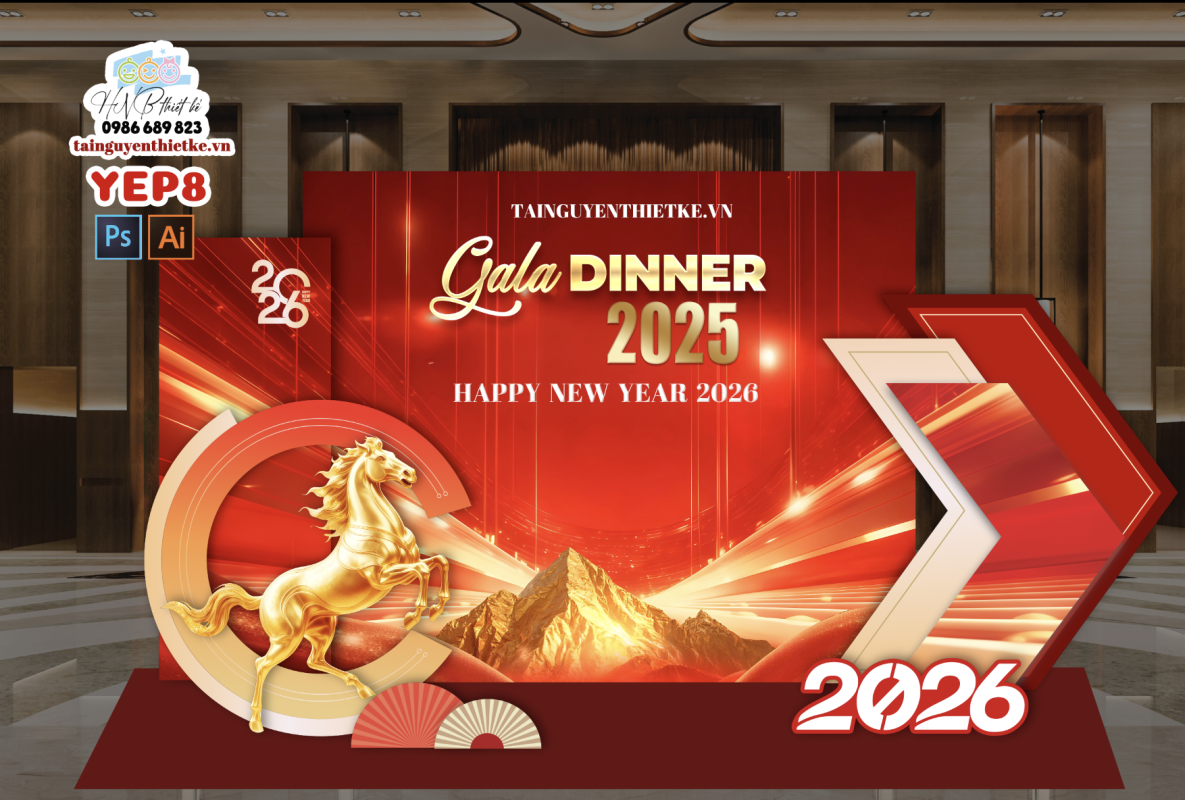 (File thiết kế) – Trang trí tết Nguyên Đán – Backdrop Tết  – Trang trí Tất niên niên- Tiệc YEP YEP- Decor cơ quan, trường học, trung tâm mua sắm, sảnh chung cư, nhà hàng, khách sạn, quán cà phê…