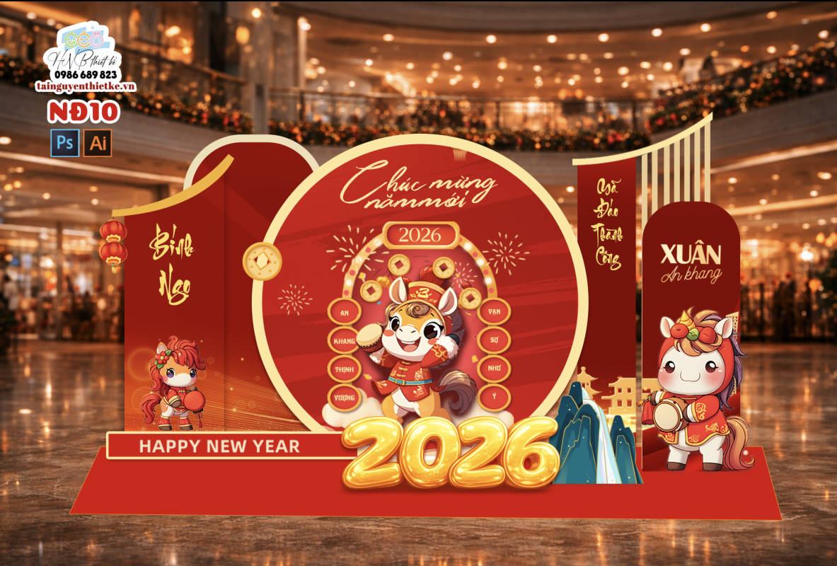 (File thiết kế) – Trang trí tết Nguyên Đán – Backdrop Tết  – Decor cơ quan, trường học, trung tâm mua sắm, sảnh chung cư, nhà hàng, khách sạn, quán cà phê…