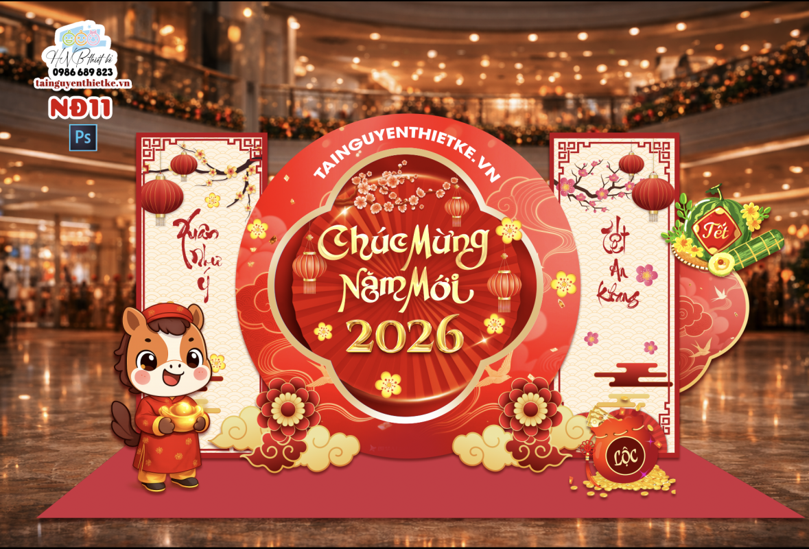 (File thiết kế) – Trang trí tết Nguyên Đán – Backdrop Tết  – Decor cơ quan, trường học, trung tâm mua sắm, sảnh chung cư, nhà hàng, khách sạn, quán cà phê…