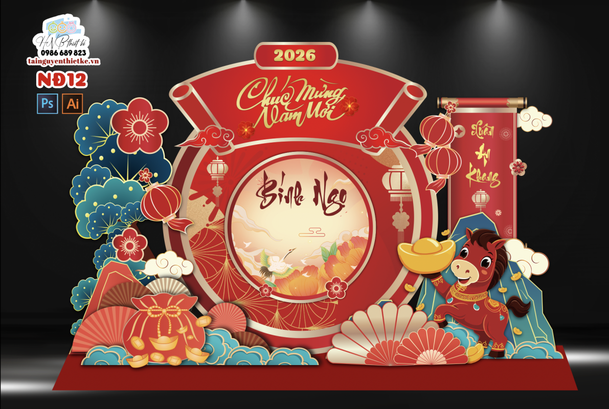 (File thiết kế) – Trang trí tết Nguyên Đán – Backdrop Tết  – Decor cơ quan, trường học, trung tâm mua sắm, sảnh chung cư, nhà hàng, khách sạn, quán cà phê…