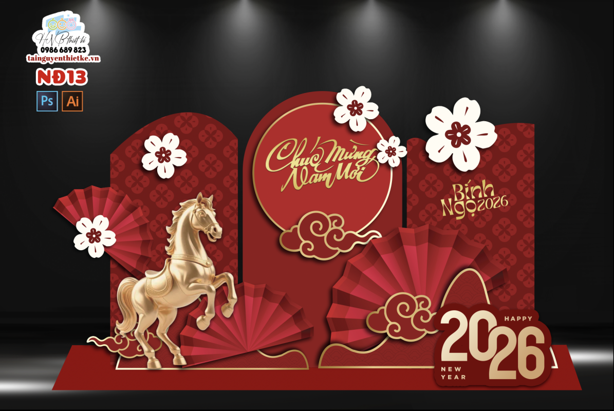 (File thiết kế) – Trang trí tết Nguyên Đán – Backdrop Tết  – Decor cơ quan, trường học, trung tâm mua sắm, sảnh chung cư, nhà hàng, khách sạn, quán cà phê…