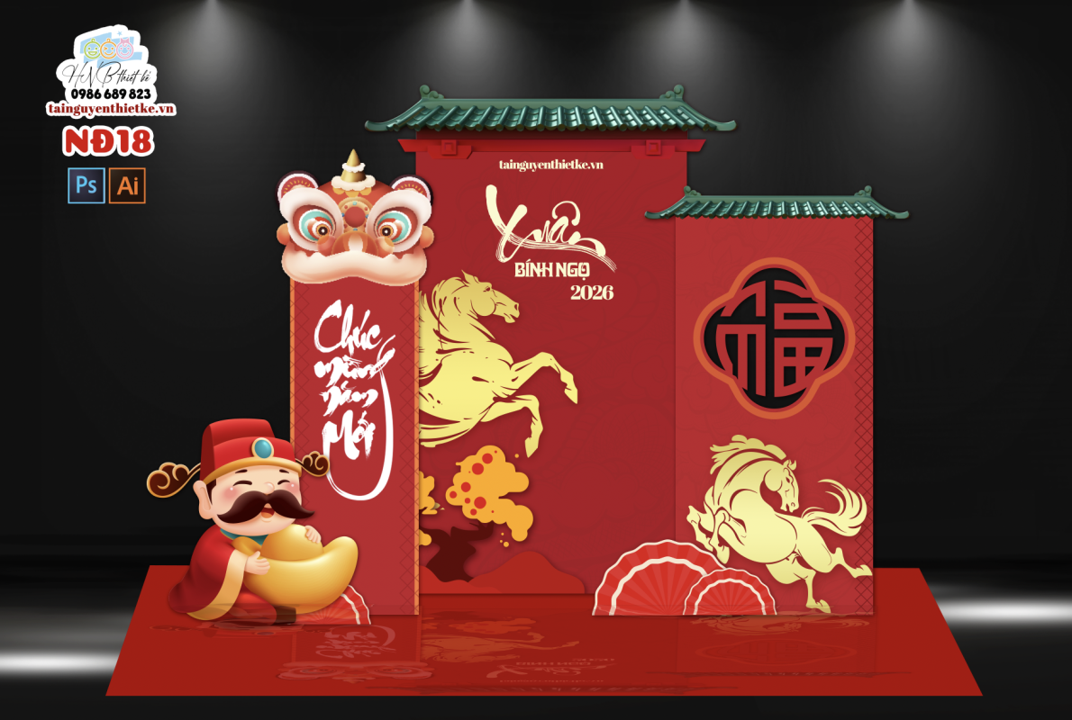 (File thiết kế) – Trang trí tết Nguyên Đán – Backdrop Tết  – Decor cơ quan, trường học, trung tâm mua sắm, sảnh chung cư, nhà hàng, khách sạn, quán cà phê… 