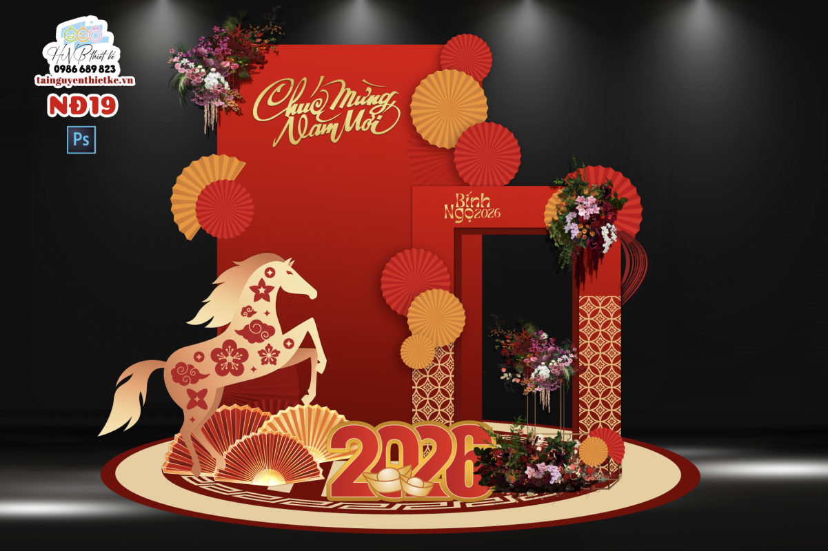 (File thiết kế) – Trang trí tết Nguyên Đán – Backdrop Tết  – Decor cơ quan, trường học, trung tâm mua sắm, sảnh chung cư, nhà hàng, khách sạn, quán cà phê…  