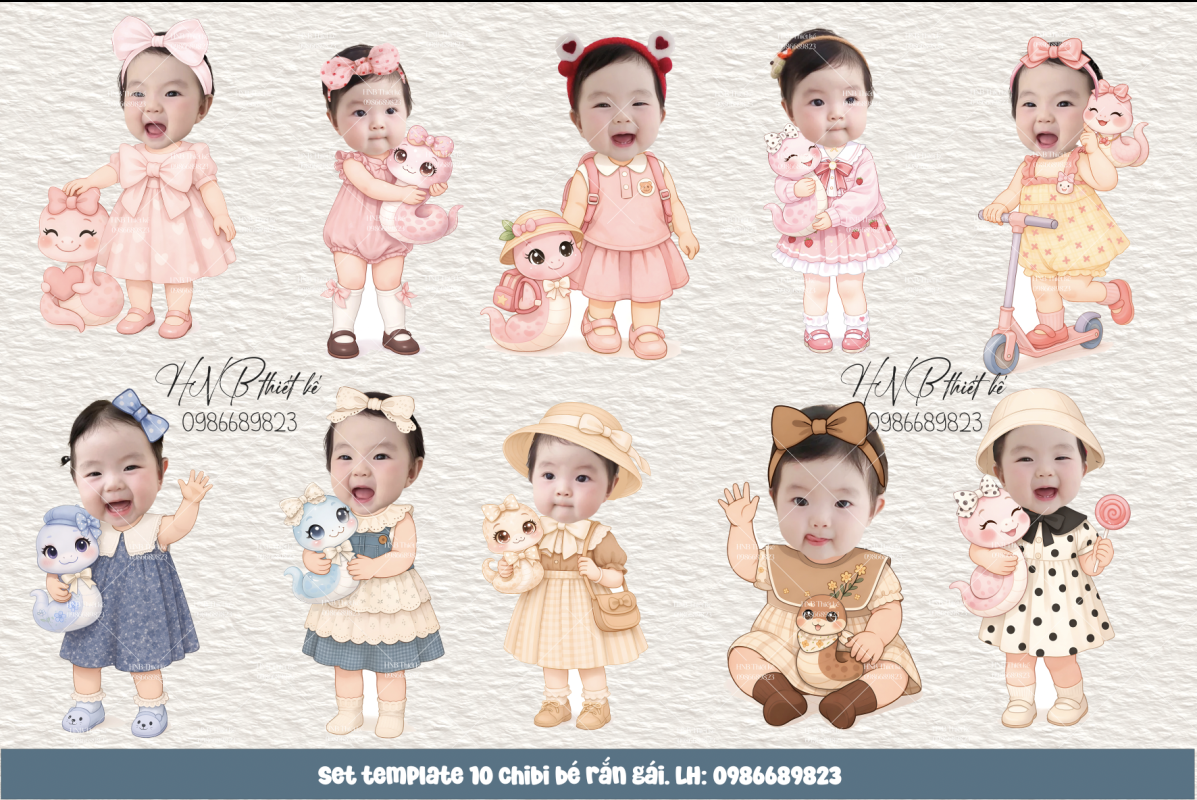 Set template 10chibi bé gái tuổi Rắn