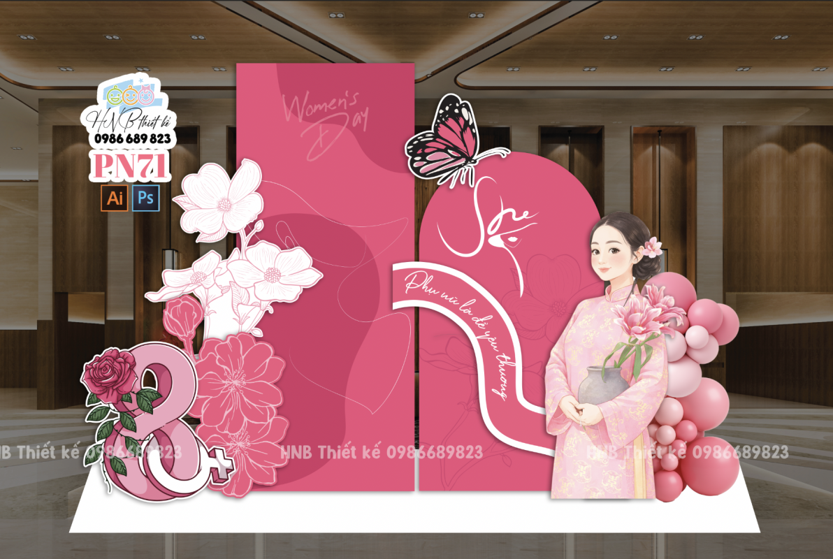 (File thiết kế) Backdrop chào mừng ngày Quốc tế Phụ nữ 8 tháng 3 trang trí công ty, nhà hàng, cơ quan, sảnh chung cư, trường học, quán cà phê…