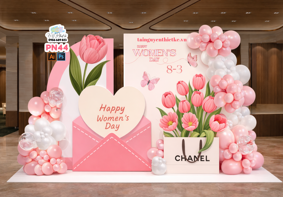 (File thiết kế) Backdrop chào mừng ngày Quốc tế Phụ nữ 8 tháng 3 trang trí công ty, nhà hàng, cơ quan, sảnh chung cư, trường học, quán cà phê…
