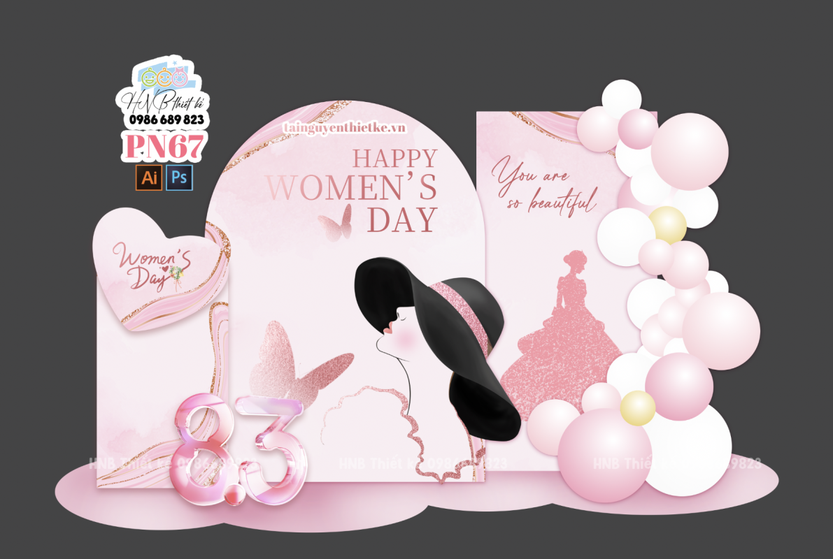 (File thiết kế) Backdrop chào mừng ngày Quốc tế Phụ nữ 8 tháng 3 trang trí công ty, nhà hàng, cơ quan, sảnh chung cư, trường học, quán cà phê…