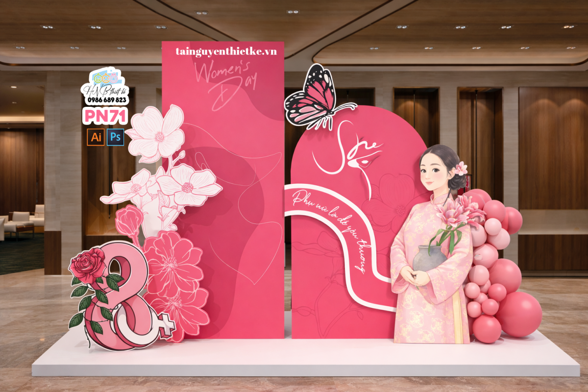(File thiết kế) Backdrop chào mừng ngày Quốc tế Phụ nữ 8 tháng 3 trang trí công ty, nhà hàng, cơ quan, sảnh chung cư, trường học, quán cà phê…