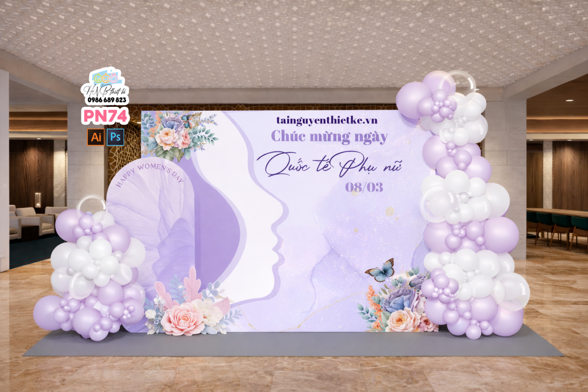 (File thiết kế) Backdrop chào mừng ngày Quốc tế Phụ nữ 8 tháng 3 trang trí công ty, nhà hàng, cơ quan, sảnh chung cư, trường học, quán cà phê…