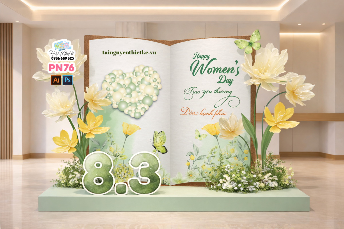 (File thiết kế) Backdrop chào mừng ngày Quốc tế Phụ nữ 8 tháng 3 trang trí công ty, nhà hàng, cơ quan, sảnh chung cư, trường học, quán cà phê…