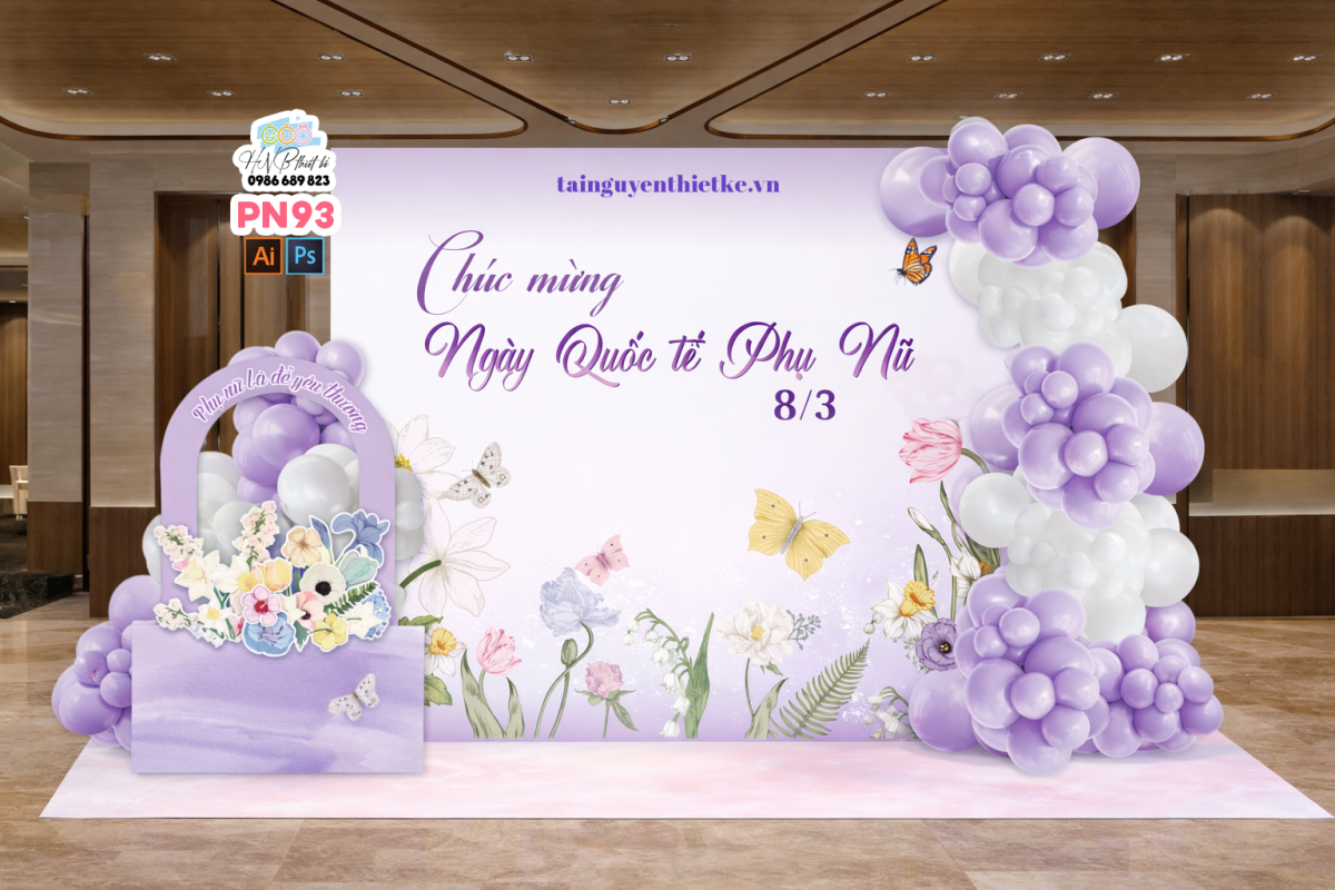 (File thiết kế) Backdrop chào mừng ngày Quốc tế Phụ nữ 8 tháng 3 trang trí công ty, nhà hàng, cơ quan, sảnh chung cư, trường học, quán cà phê…