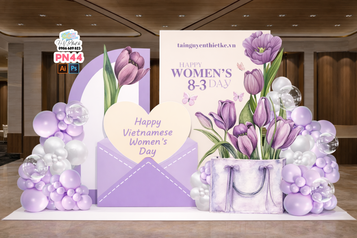 (File thiết kế) Backdrop chào mừng ngày Quốc tế Phụ nữ 8 tháng 3 trang trí công ty, nhà hàng, cơ quan, sảnh chung cư, trường học, quán cà phê…