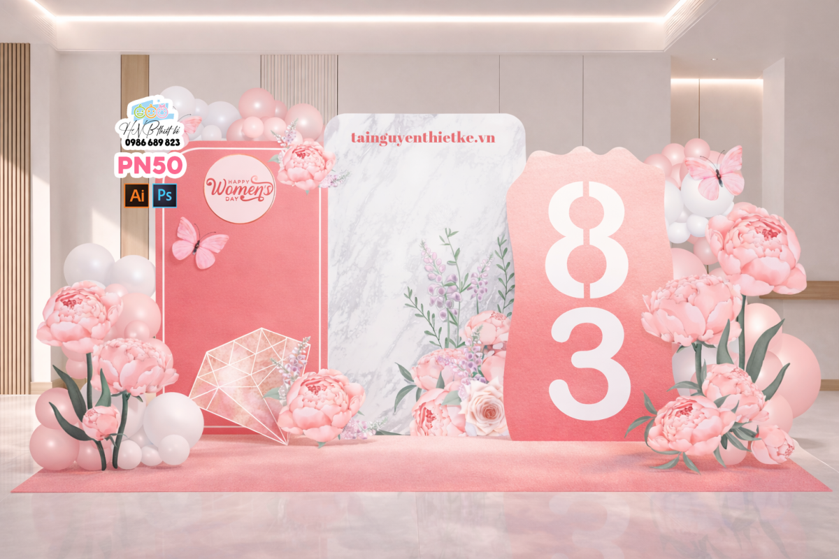 (File thiết kế) Backdrop chào mừng ngày Quốc tế Phụ nữ 8 tháng 3 trang trí công ty, nhà hàng, cơ quan, sảnh chung cư, trường học, quán cà phê…