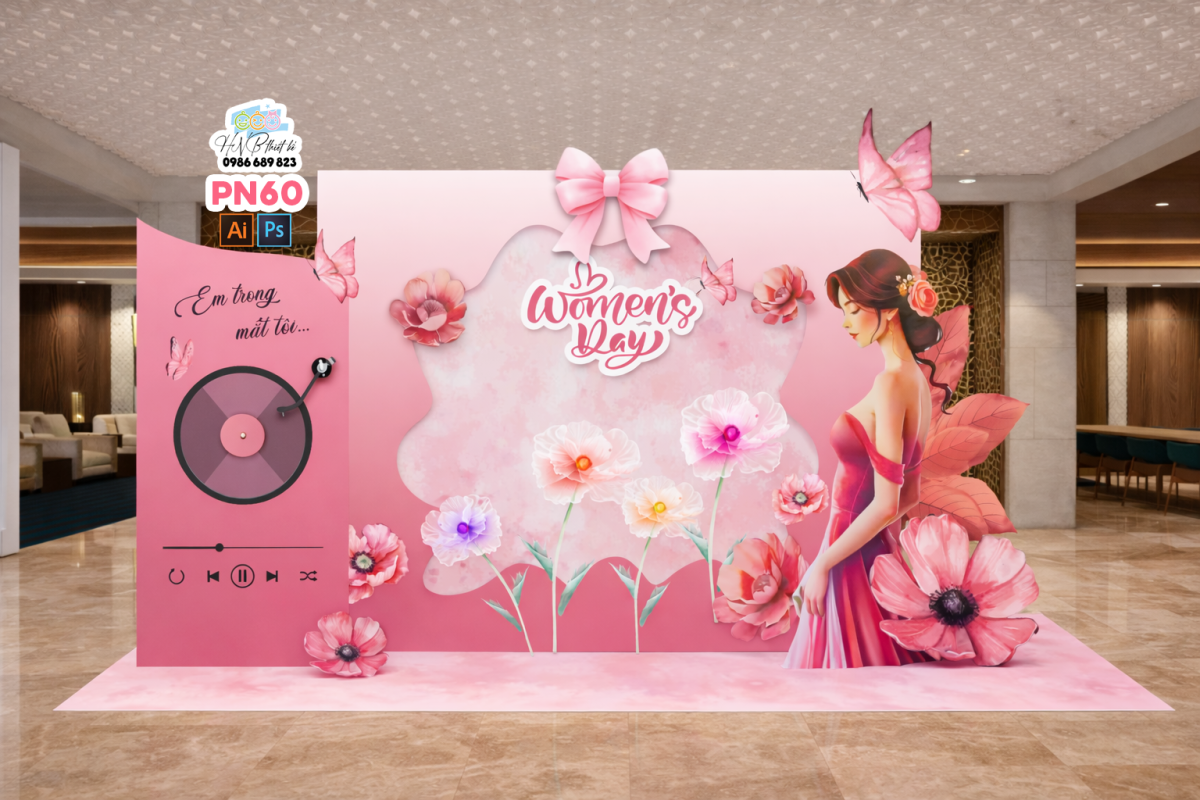 (File thiết kế) Backdrop chào mừng ngày Quốc tế Phụ nữ 8 tháng 3 trang trí công ty, nhà hàng, cơ quan, sảnh chung cư, trường học, quán cà phê…