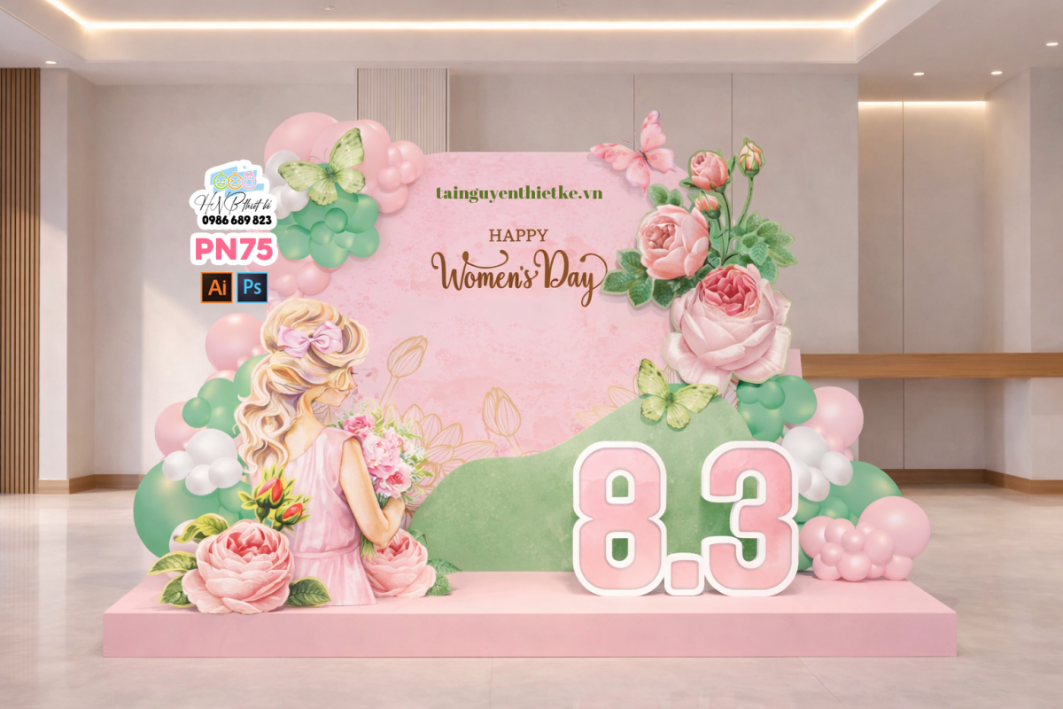 (File thiết kế) Backdrop chào mừng ngày Quốc tế Phụ nữ 8 tháng 3 trang trí công ty, nhà hàng, cơ quan, sảnh chung cư, trường học, quán cà phê…