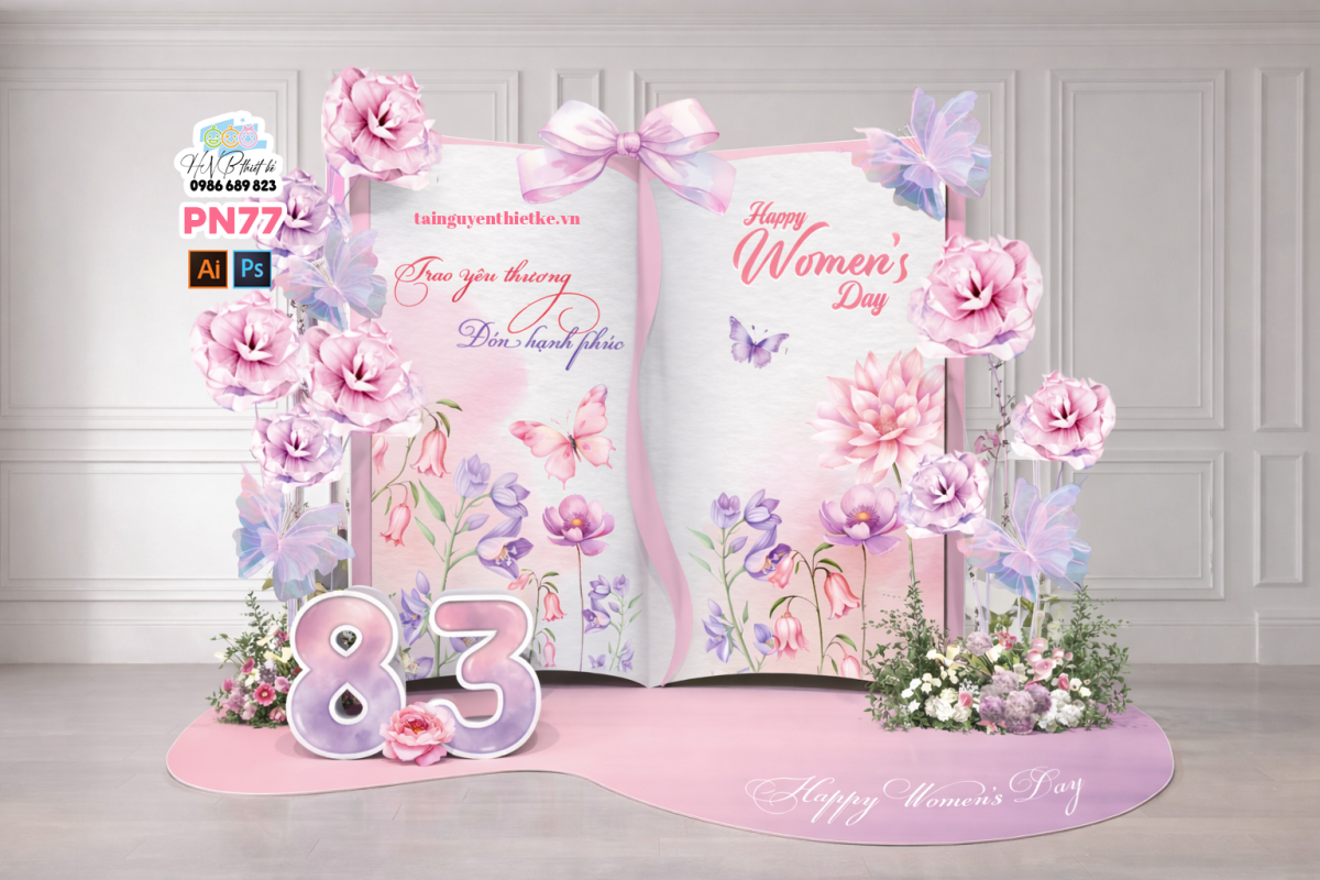(File thiết kế) Backdrop chào mừng ngày Quốc tế Phụ nữ 8 tháng 3 trang trí công ty, nhà hàng, cơ quan, sảnh chung cư, trường học, quán cà phê…