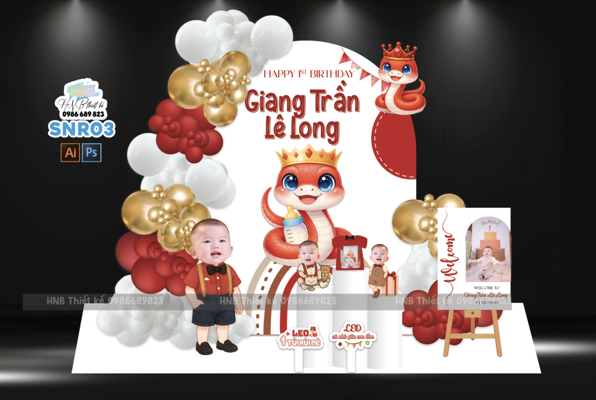 (File thiết kế) Mẫu tiệc sinh nhật bé trai tuổi rắn màu đỏ xinh xắn – Trang trí sinh nhật – Trang trí thôi nôi