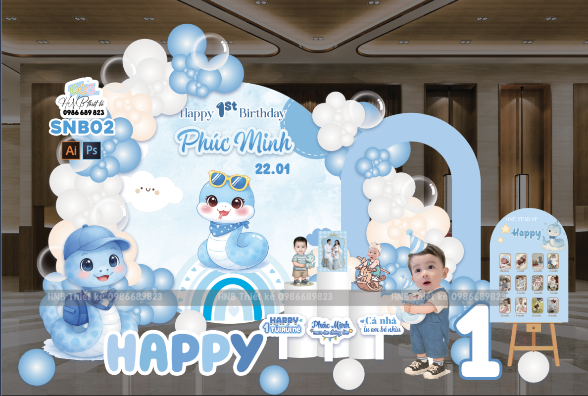 (File thiết kế) Mẫu tiệc sinh nhật bé trai tuổi rắn màu xanh dương xinh xắn – Trang trí sinh nhật – Trang trí thôi nôi