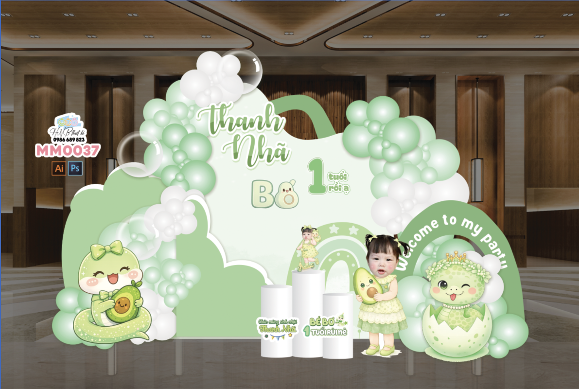 (File thiết kế) Mẫu tiệc sinh nhật bé gái tuổi Rắn màu xanh lá xinh xắn – Trang trí sinh nhật – Trang trí thôi nôi