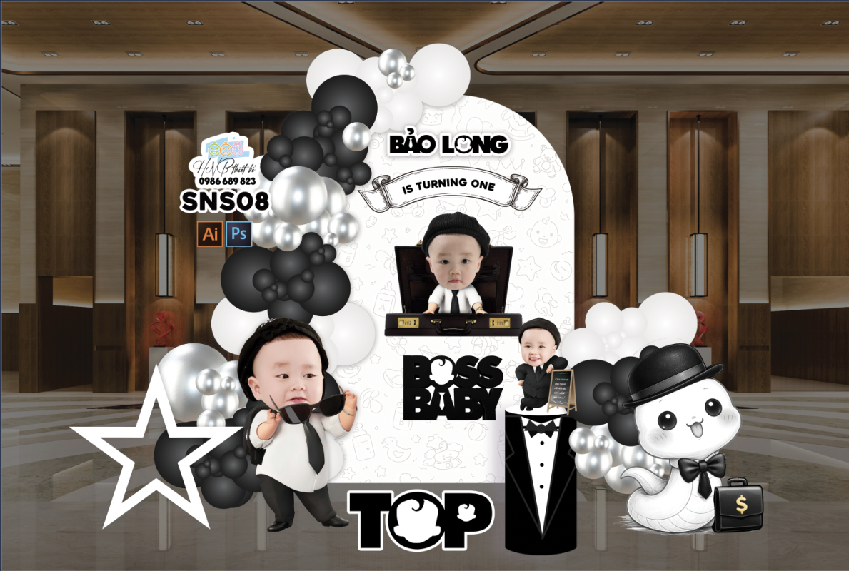 (File thiết kế) Mẫu tiệc sinh nhật bé trai tuổi Rắn chủ đề baby boss – Trang trí sinh nhật – Trang trí thôi nôi