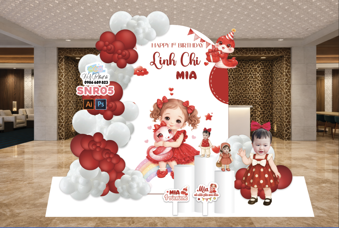 (File thiết kế) Mẫu tiệc sinh nhật bé gái tuổi rắn tone đỏ xinh xắn – Trang trí sinh nhật – Trang trí thôi nôi