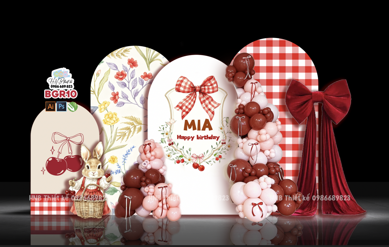 (File thiết kế) Tiệc sinh nhật -Tiệc thôi nôi bé gái tone đỏ Cherry