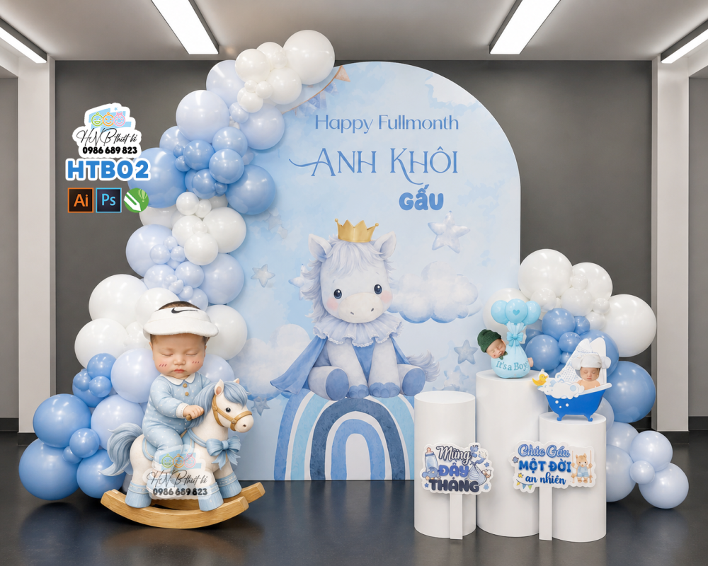 (File thiết kế) Mẫu tiệc sinh nhật, tiệc đầy tháng bé trai tuổi ngựa màu xanh dương– Trang trí sinh nhật