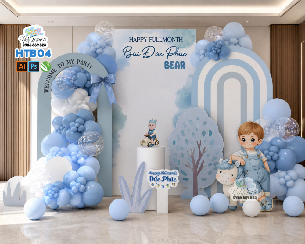 (File thiết kế) Mẫu tiệc sinh nhật, tiệc đầy tháng bé trai tuổi ngựa màu xanh dương– Trang trí sinh nhật