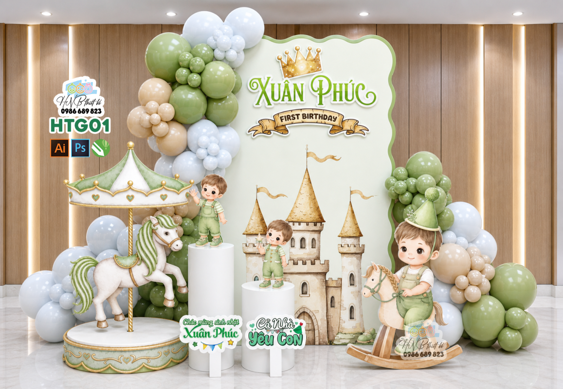 (File thiết kế) Mẫu tiệc sinh nhật, tiệc đầy tháng bé trai tuổi ngựa màu xanh lá– Trang trí sinh nhật