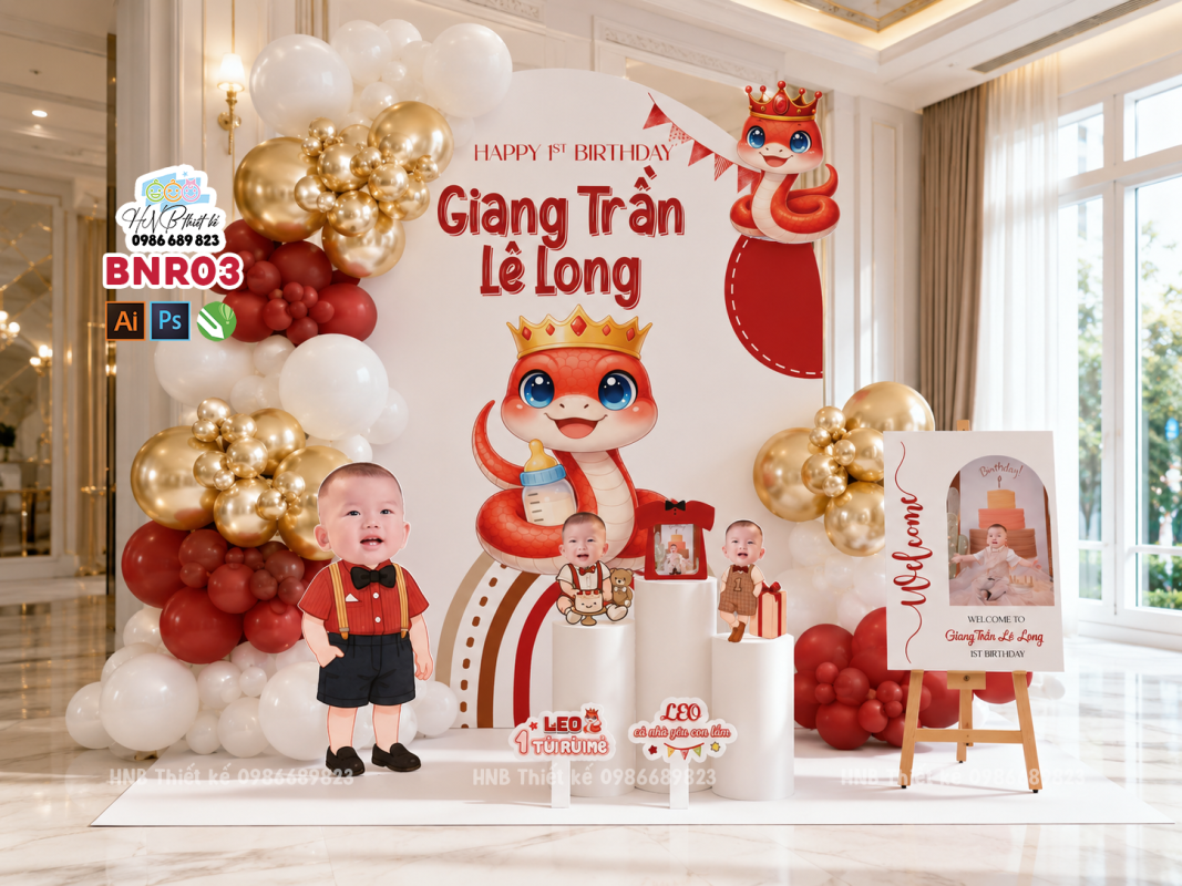 (File thiết kế) Tiệc sinh nhật -Tiệc thôi nôi bé trai tone đỏ