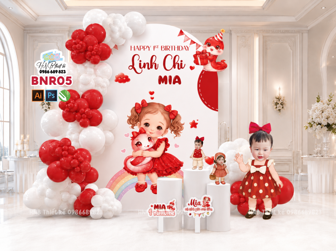 (File thiết kế) Tiệc sinh nhật -Tiệc thôi nôi bé gái tone đỏ