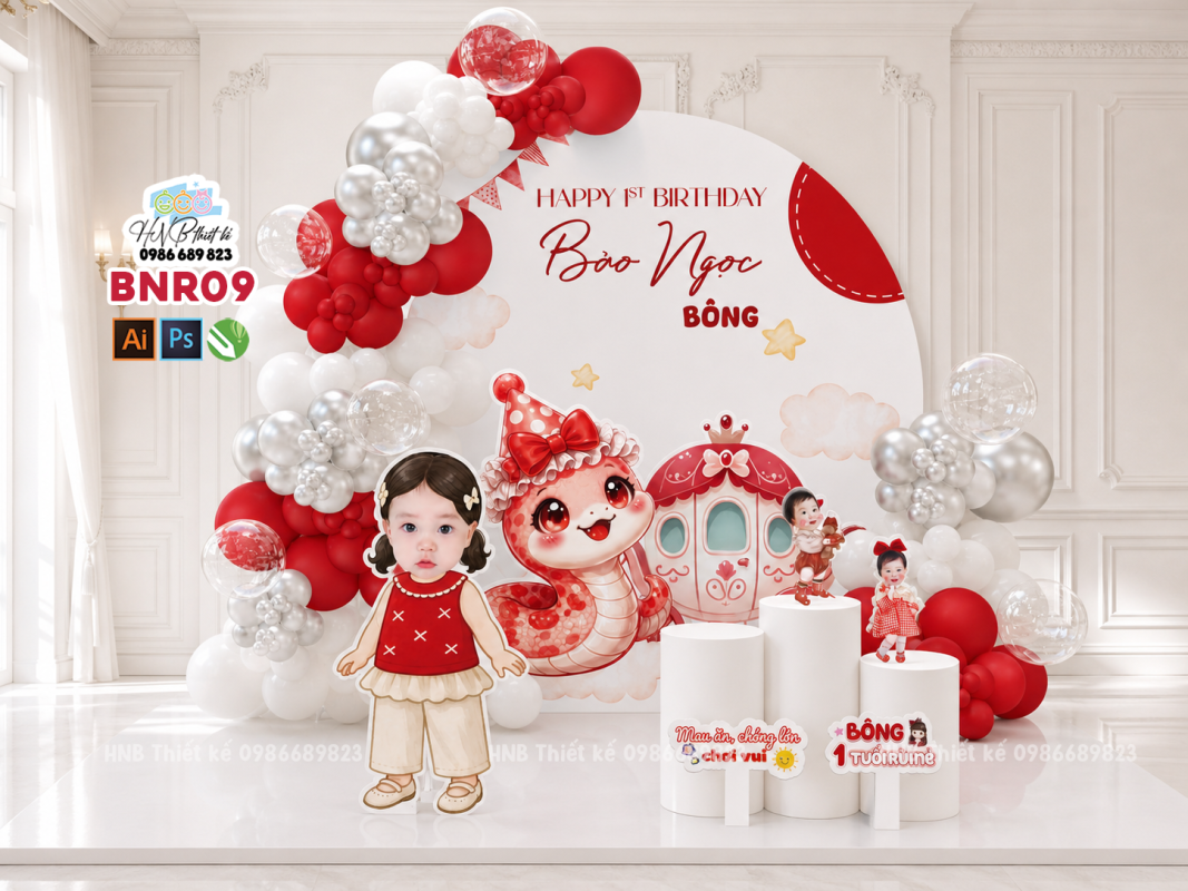 (File thiết kế) Tiệc sinh nhật -Tiệc thôi nôi bé gái tone đỏ